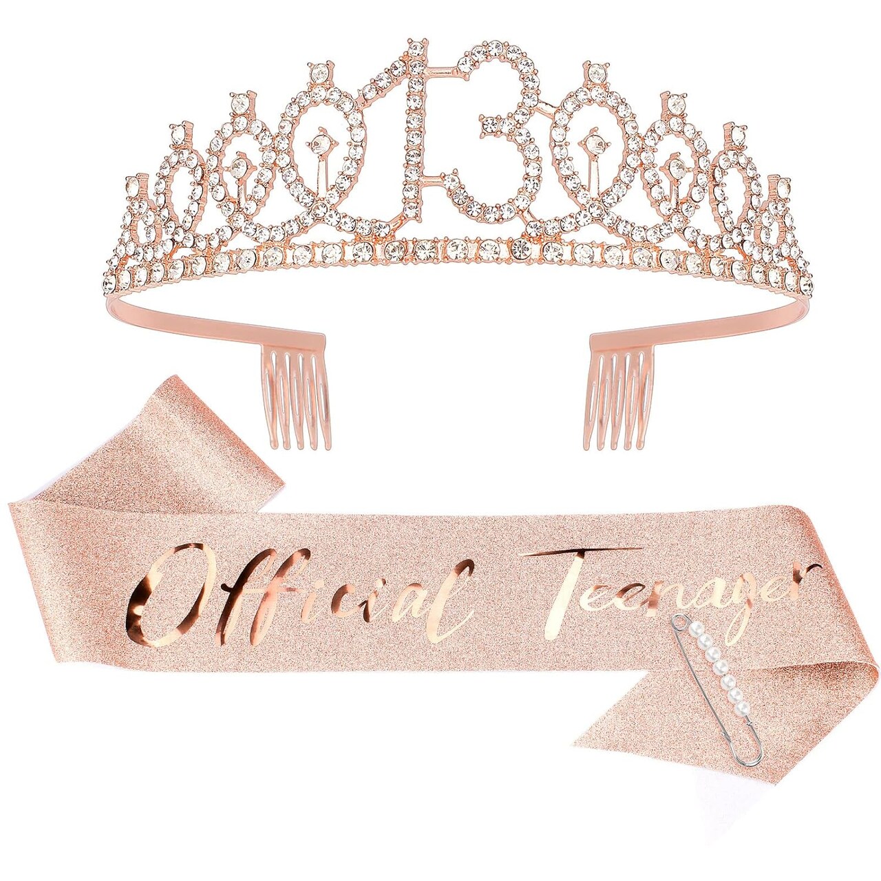 13th Birthday Crown for Girls & Official Teenager Birthday Sash & Pearl Pin Set, 13 Birthday Tiara, Birthday Gifts for Teen Girls, 13th Birthday Decorations for Girls, Teen Girl Gifts Rose Gold